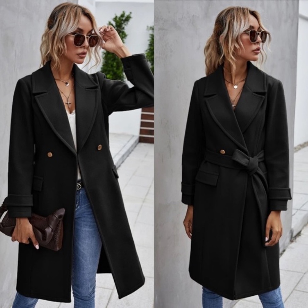 Trench Coat Double Breast Buttons belt pea coat - Picture 1 of 16